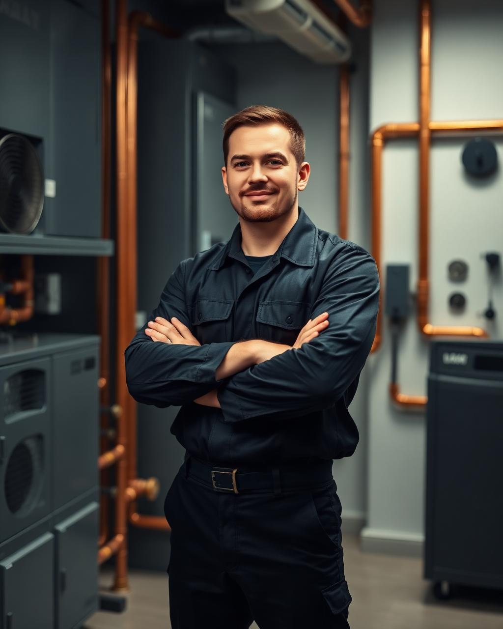 Confident HVAC and plumbing engineer ready for the next job